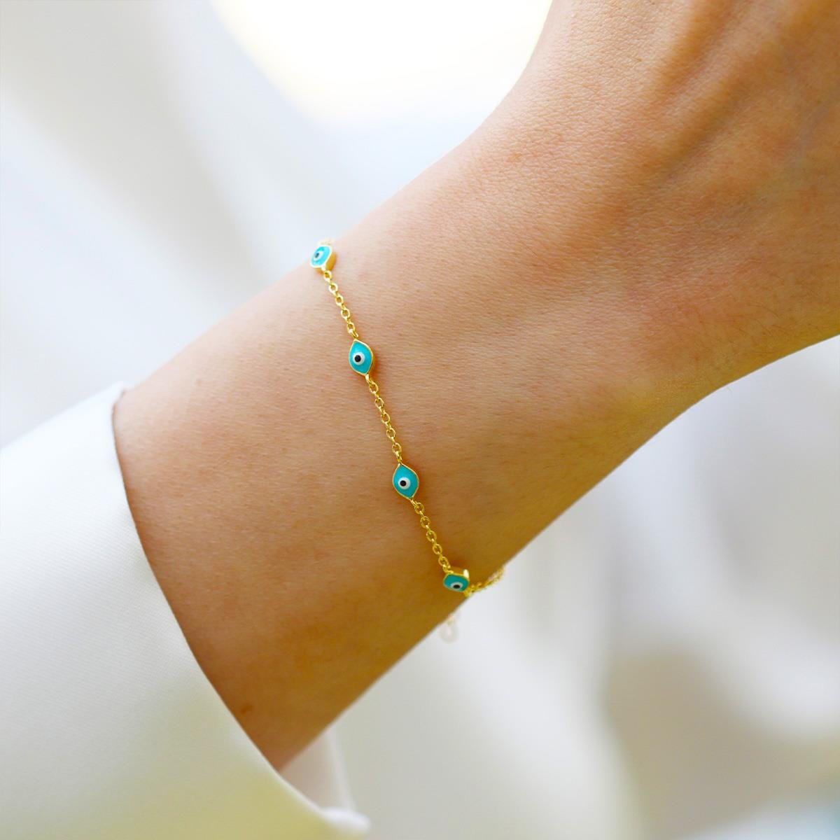 Mavi Mineli Göz Modeli Gold Gümüş Bileklik