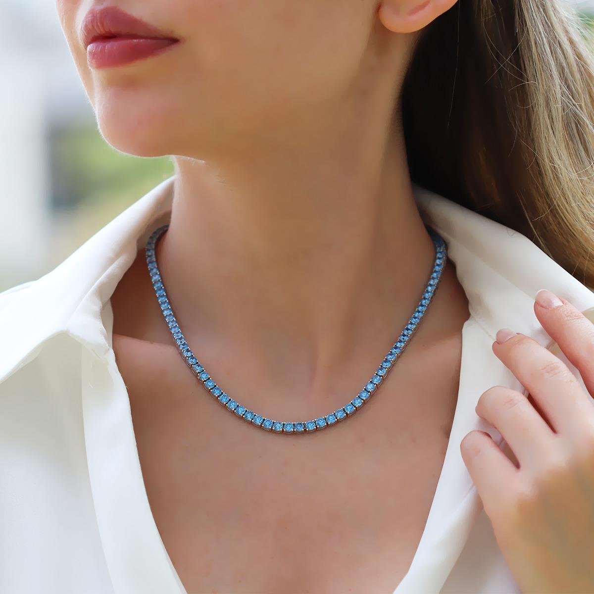 Mavi Zirkon Taşlı 4mm Su Yolu Gümüş Kolye