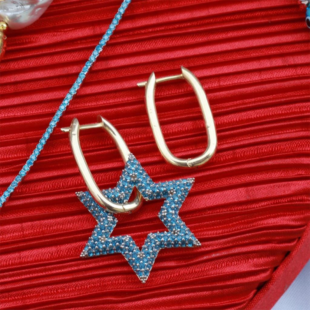 Mavi Zirkon Taşlı Yıldız Gümüş Küpe