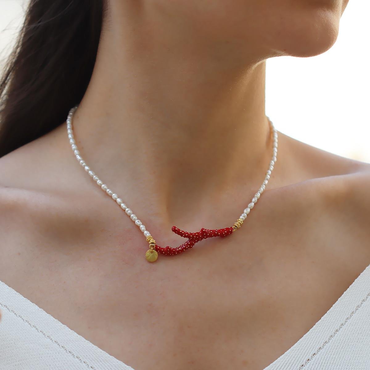 Mercan İncili Gold Doğaltaşlı Gümüş Kolye