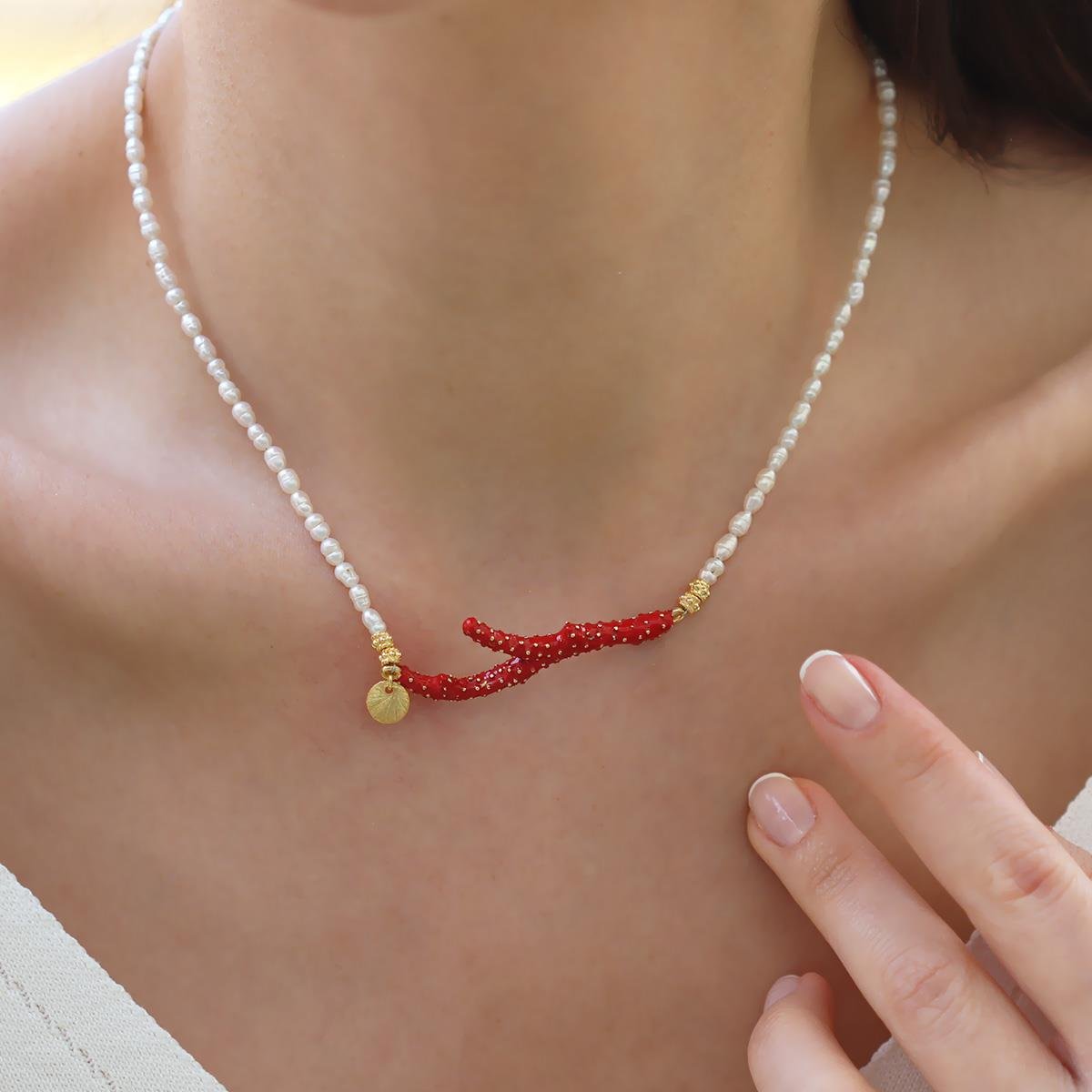 Mercan İncili Gold Doğaltaşlı Gümüş Kolye