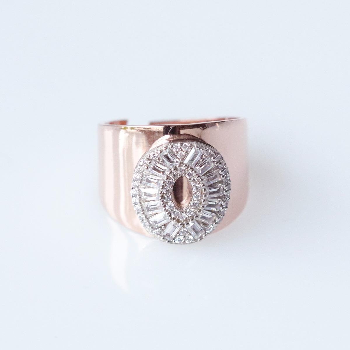 O Harfi Baget Taşlı Rose Gold Kaplama Gümüş Yüzük