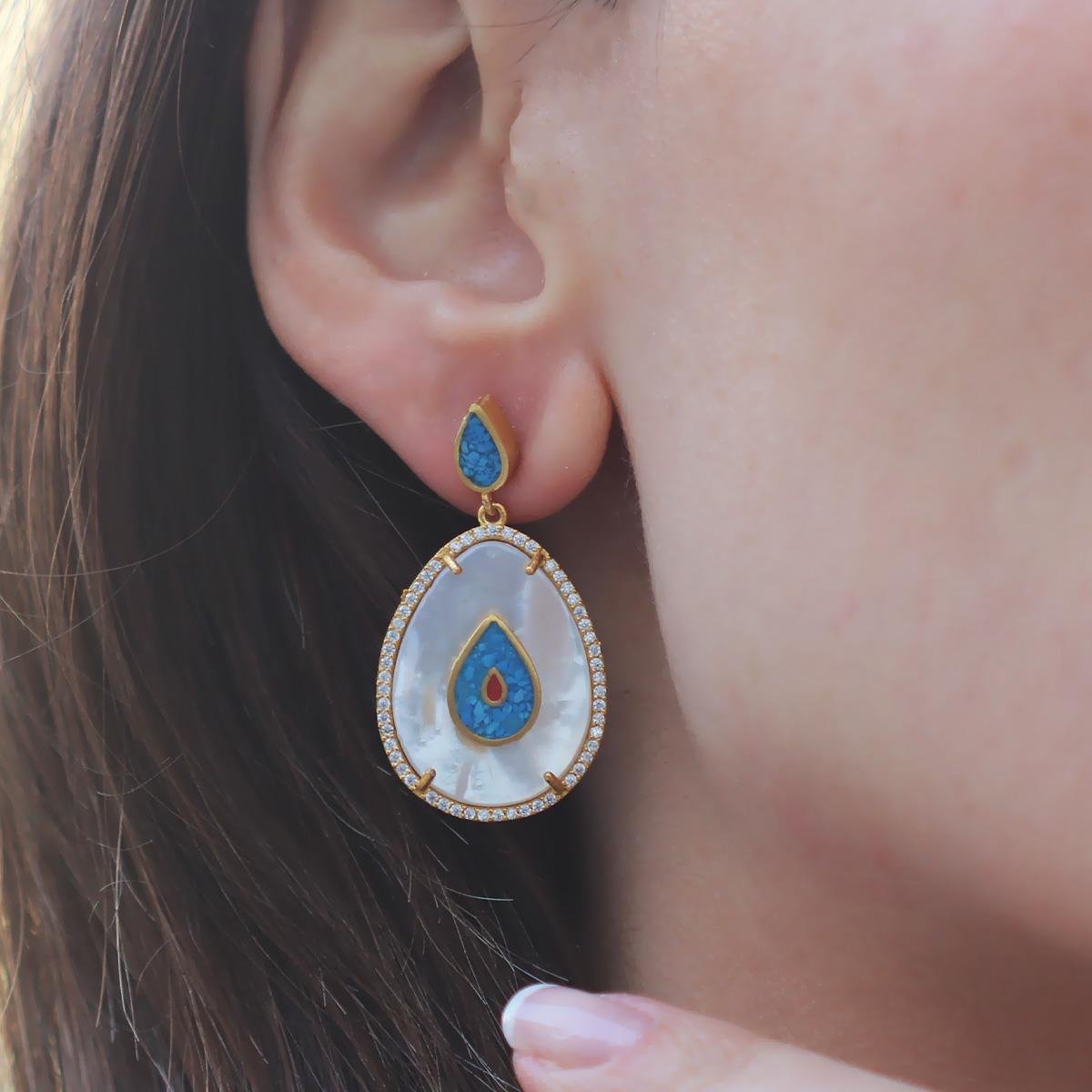 Opal Sedefli Gold Damla Gümüş Küpe