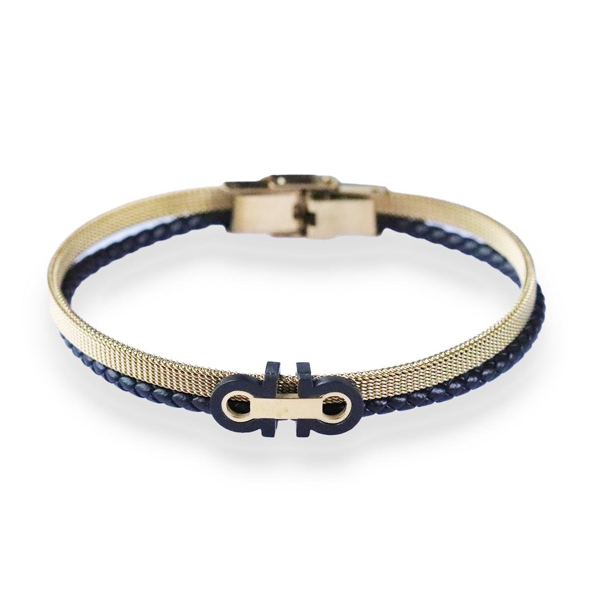 Örgülü Hasır Gold Deri Çelik Bileklik