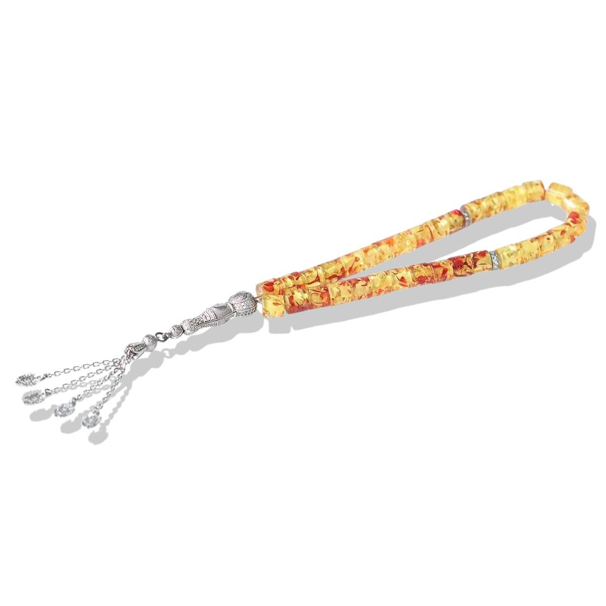 Osmanlı Armalı Gümüş Püsküllü Kapsül Kesim Kehribar Tesbih