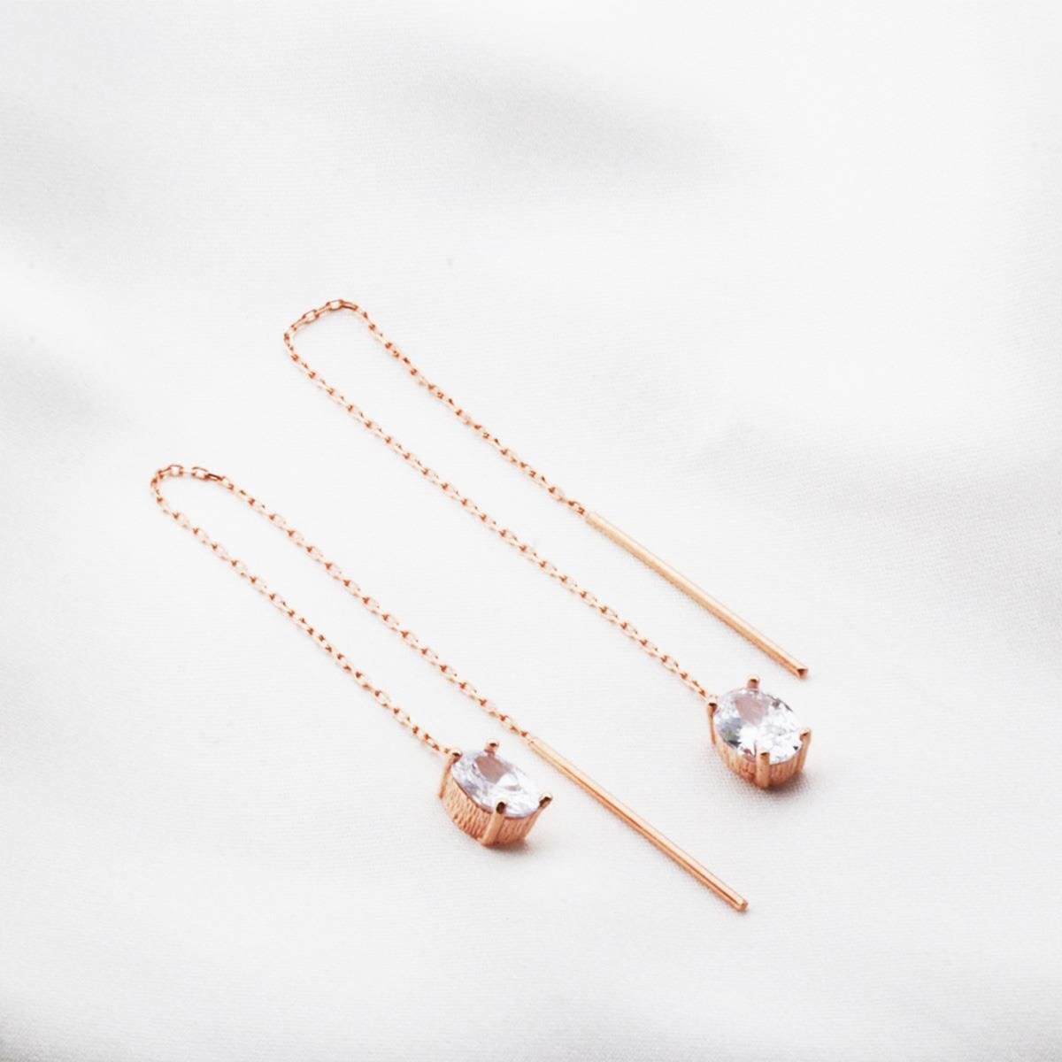 Oval Zirkon Taşlı Rose Gold Kaplama Gümüş Zincir Küpe