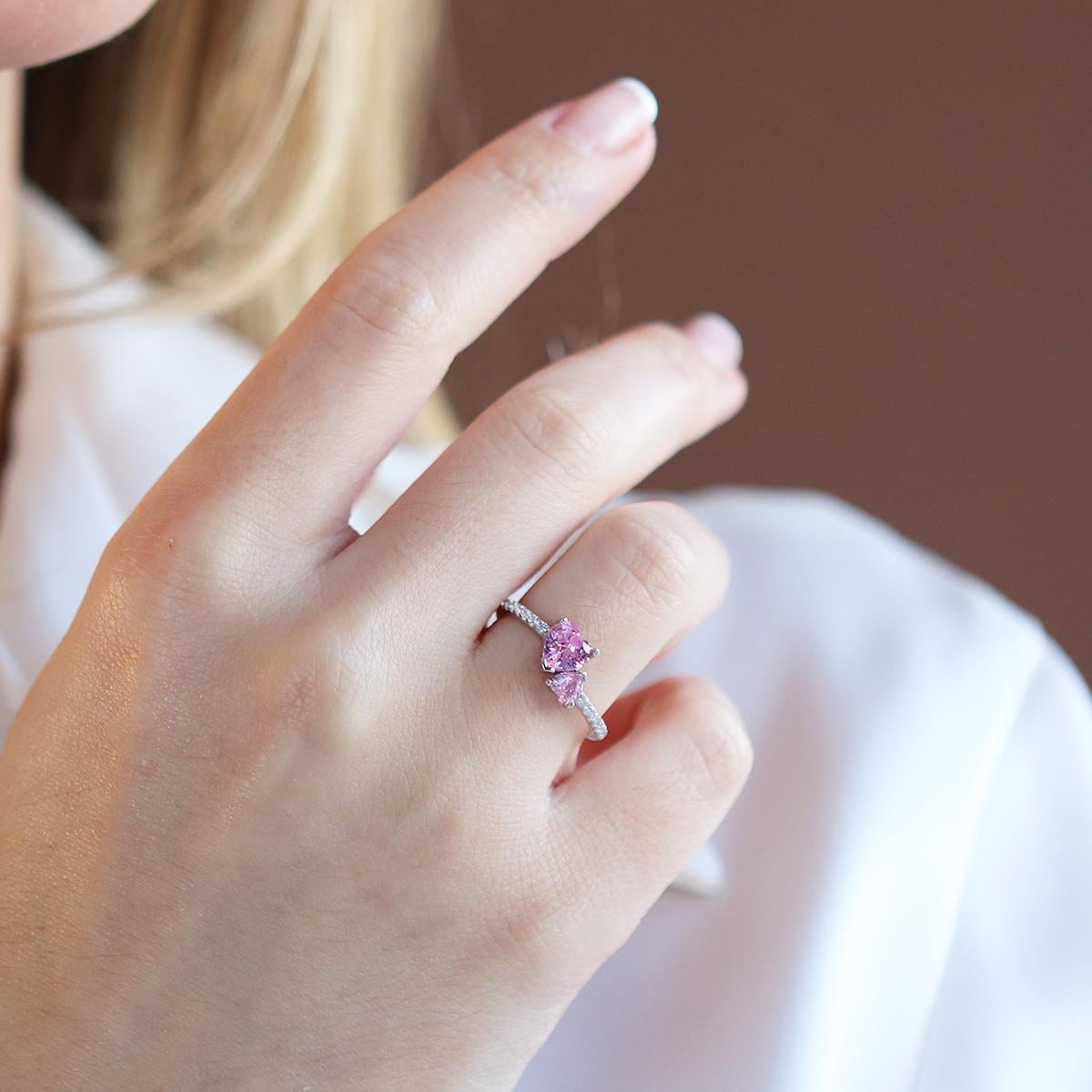 Pandora İki Kalp Pembe Zirkon Taşlı Gümüş Yüzük