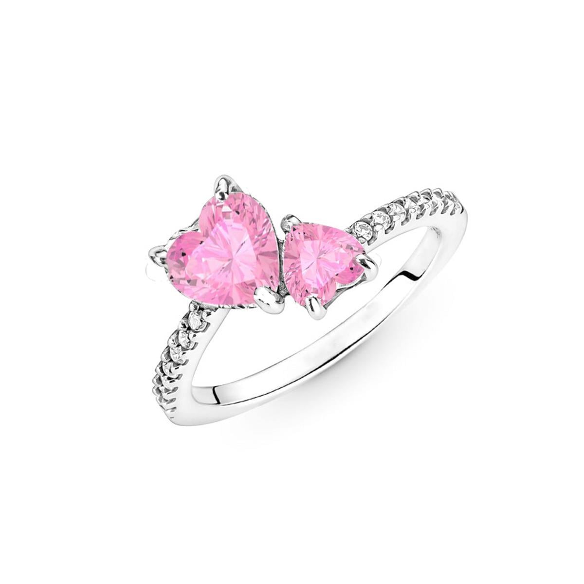 Pandora İki Kalp Pembe Zirkon Taşlı Gümüş Yüzük