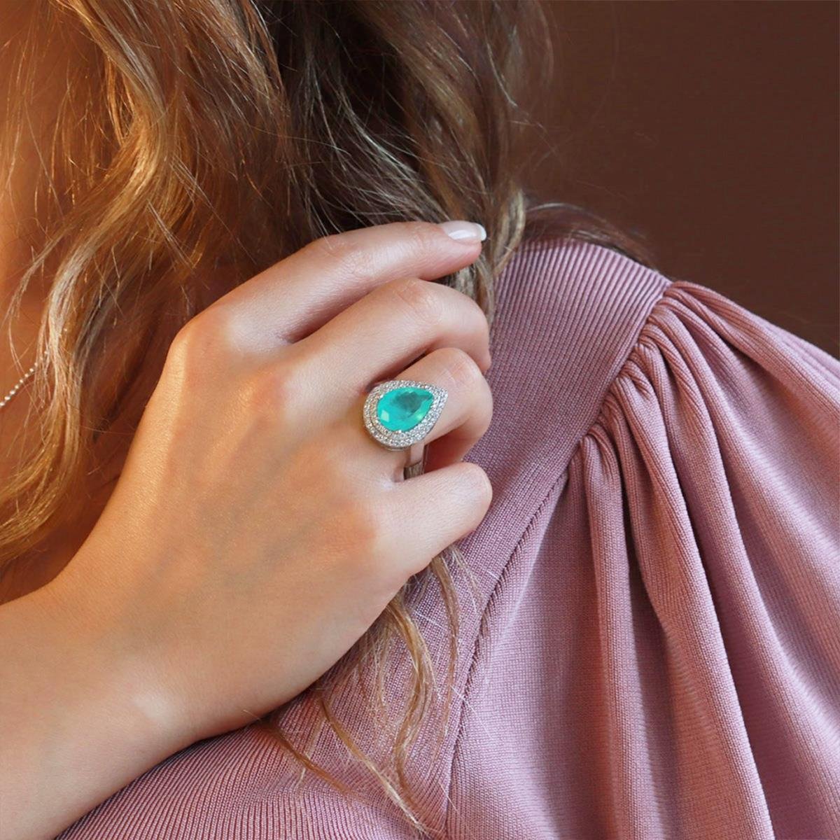 Paraiba Taşlı Damla Model 925 Ayar Gümüş Yüzük