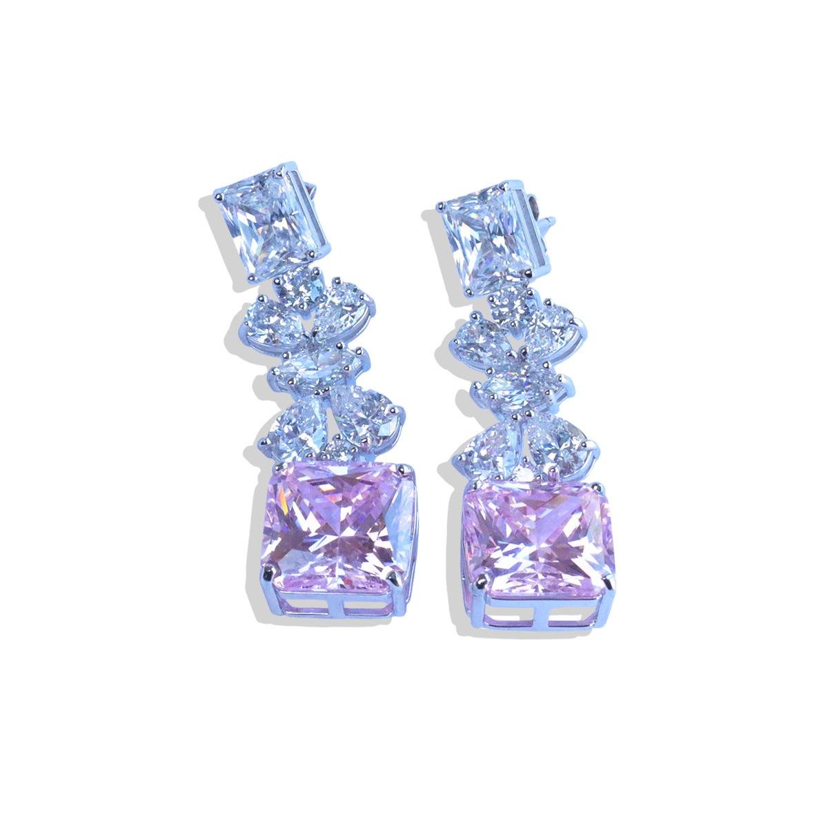 Pembe Kare Çiçekli Gümüş Işıltı Gümüş Küpe