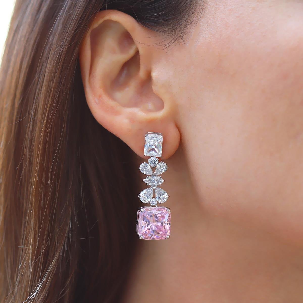 Pembe Kare Çiçekli Gümüş Işıltı Gümüş Küpe