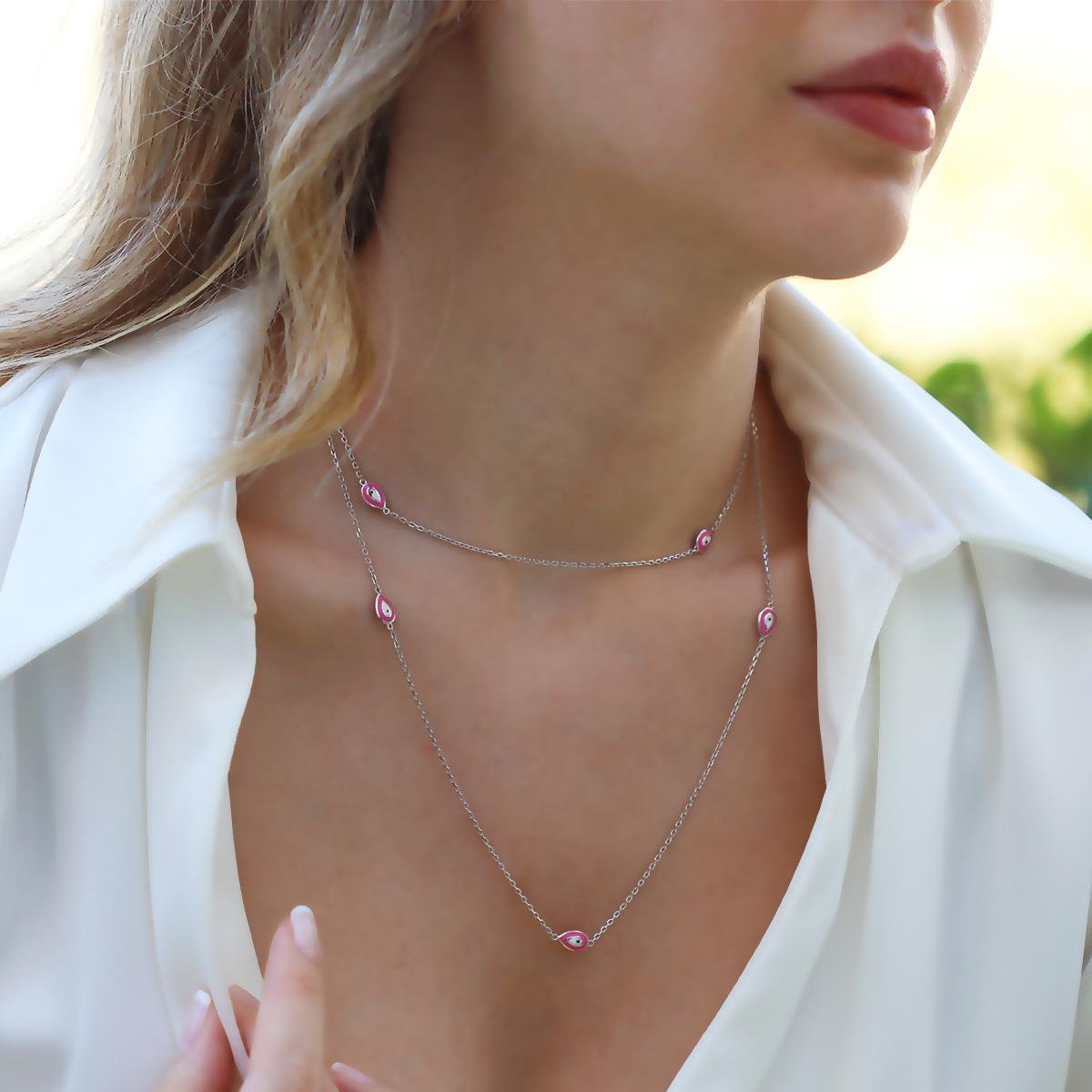 Pembe Mineli Damla Model Gümüş Zincir