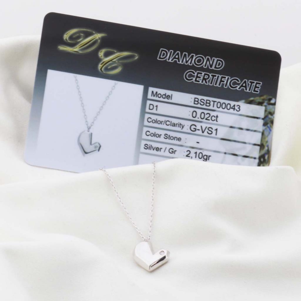 Pırlanta Taş Kalp 0.02 CT Rodyum Micron Kaplama Gümüş Kolye
