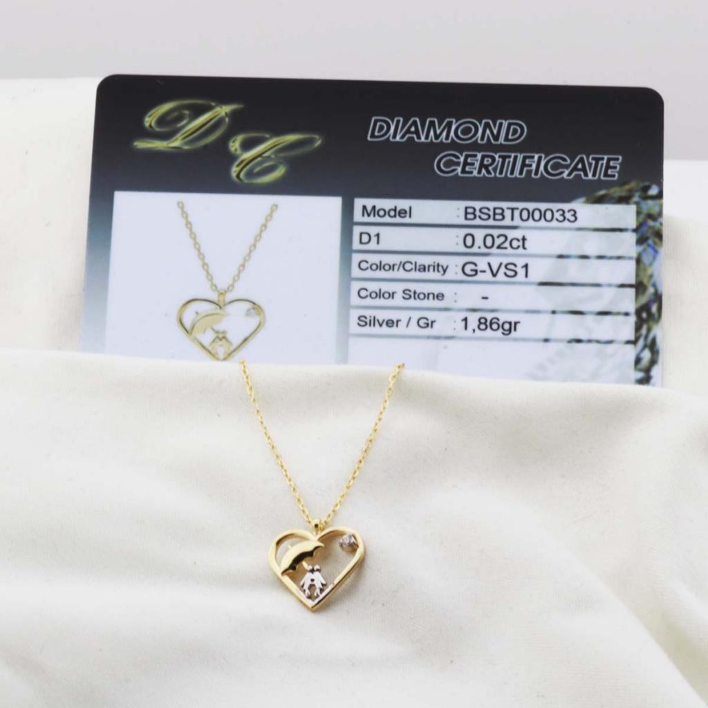 Pırlanta Taş Kalpli 0.02 CT Gold Micron Kaplama Gümüş Kolye