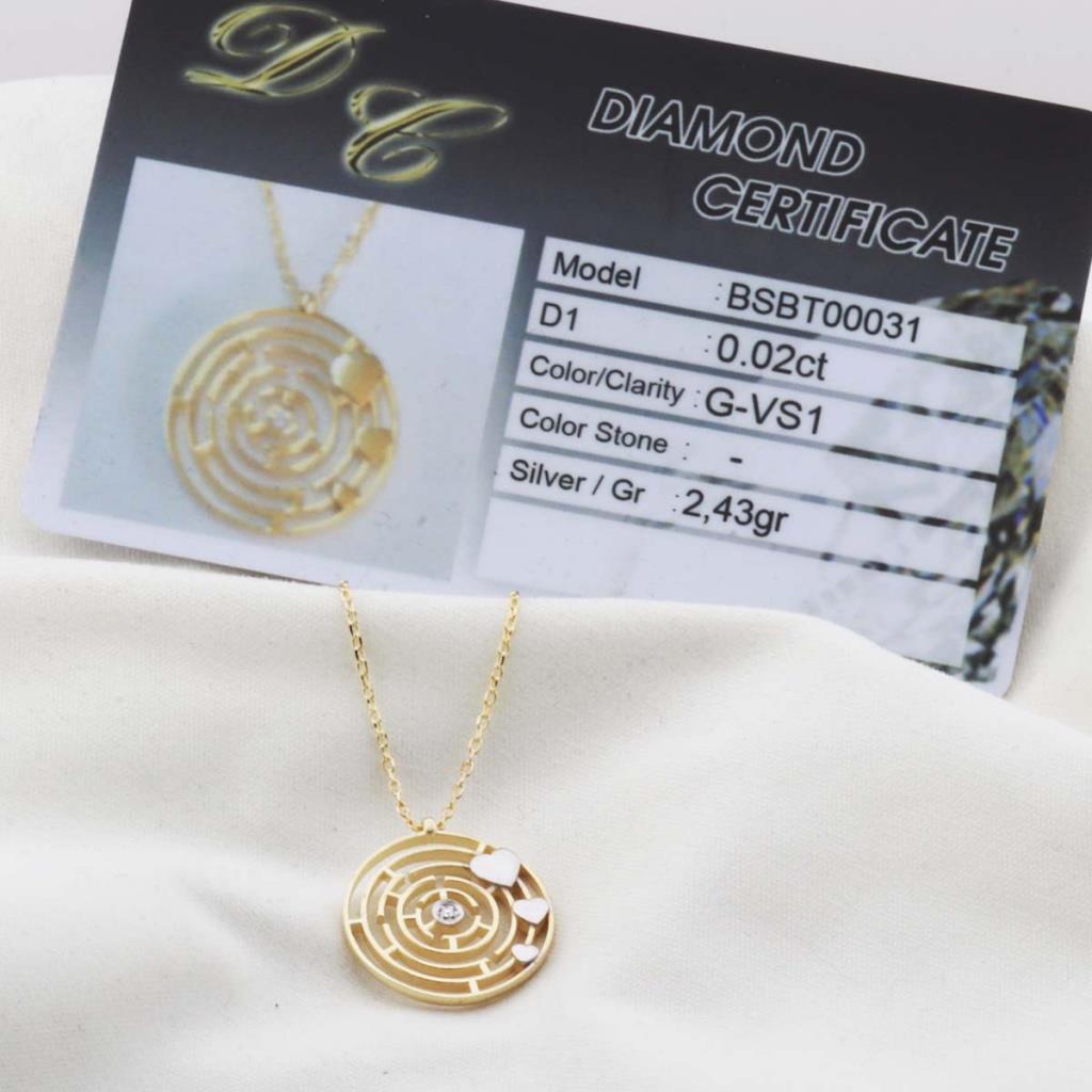 Pırlanta Taş Labirent 0.02 CT Gold Micron Kaplama Gümüş Kolye