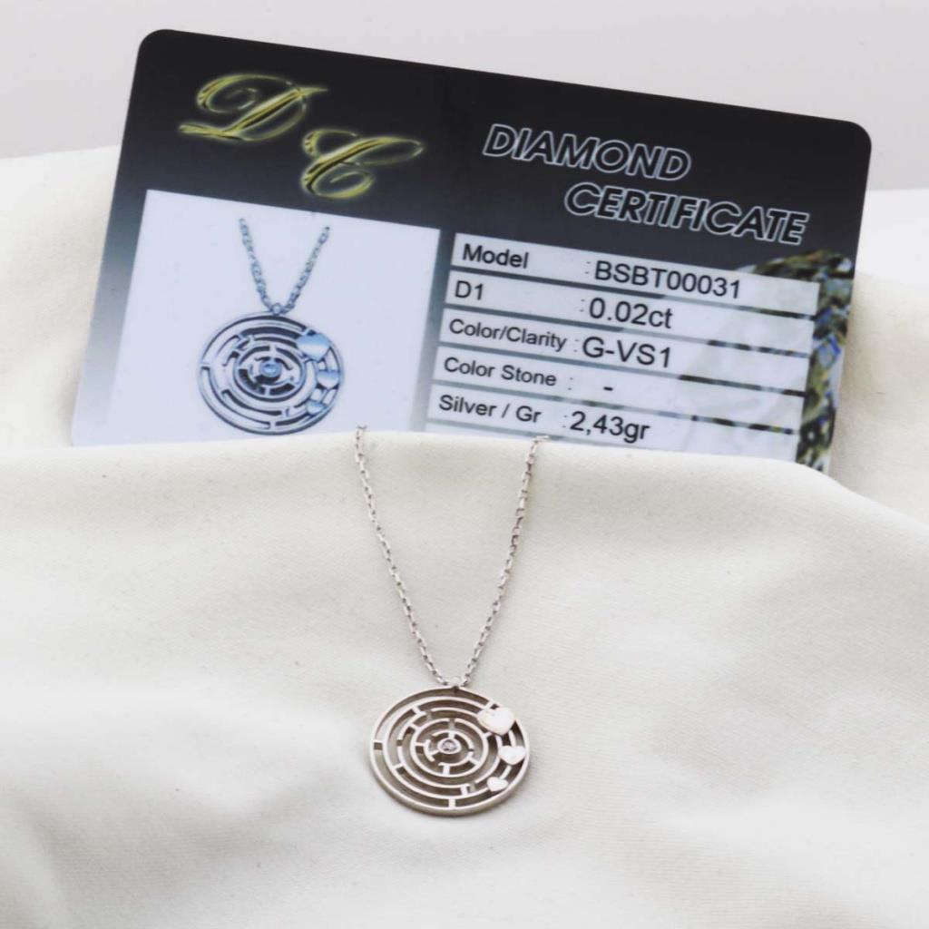 Pırlanta Taş Labirent 0.02 CT Rodyum Micron Kaplama Gümüş Kolye