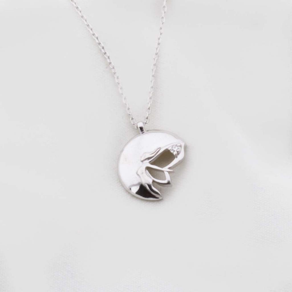 Pırlanta Taş Yarım Ay Su Perisi 0.02 CT Rodyum Micron Kaplama Gümüş Kolye