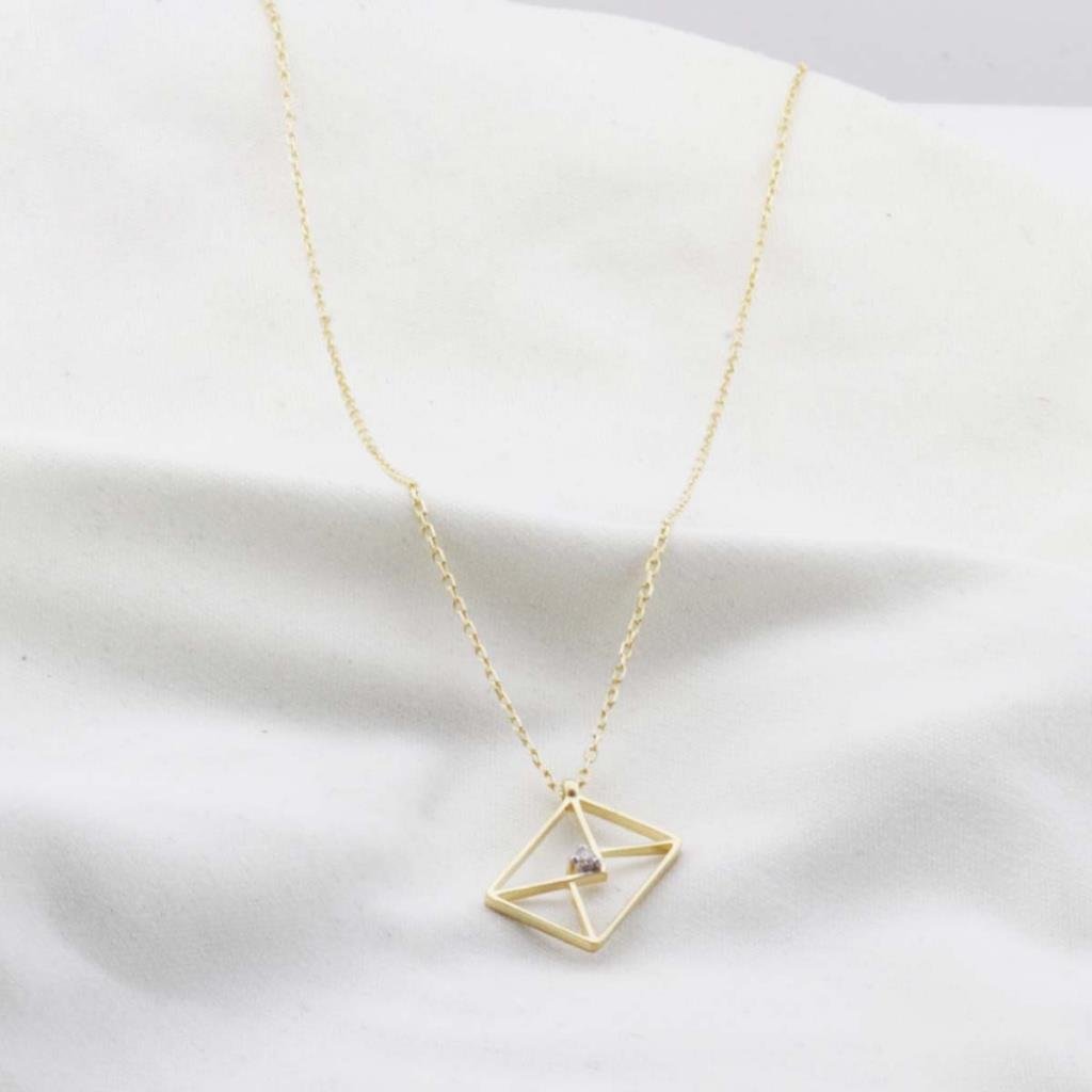 Pırlanta Taş Zarf 0.02 CT Gold Micron Kaplama Gümüş Kolye