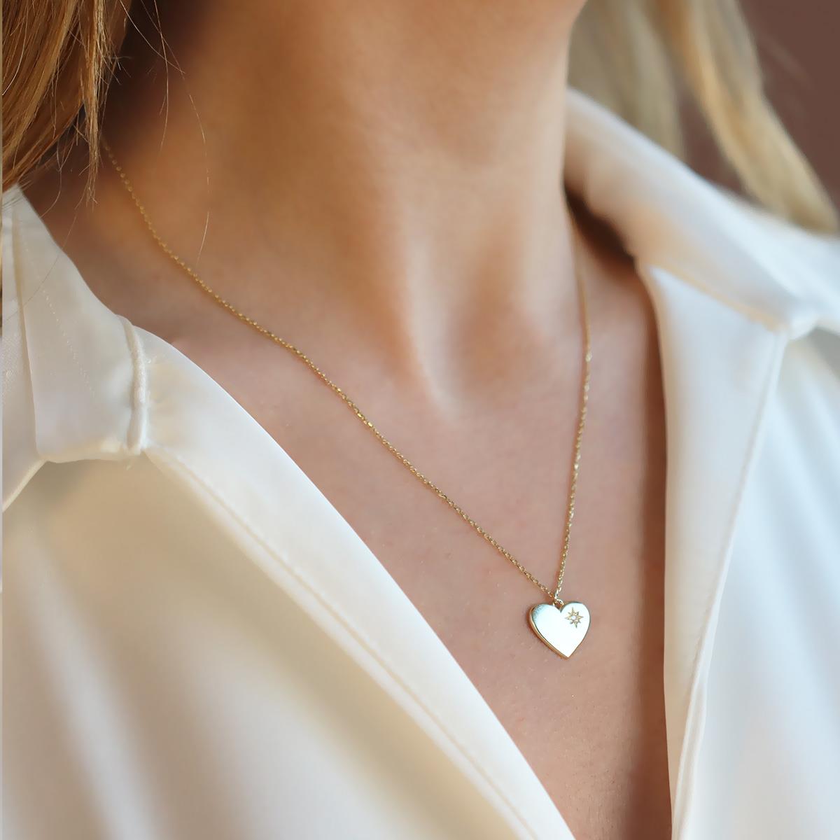 Pırlanta Taşlı 0.02 ct  Kalp Modeli Gold Micron Kaplama Gümüş Kolye