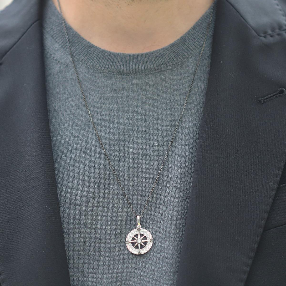 Pusula Gümüş Siyah Rodyum Gümüş Erkek Kolye