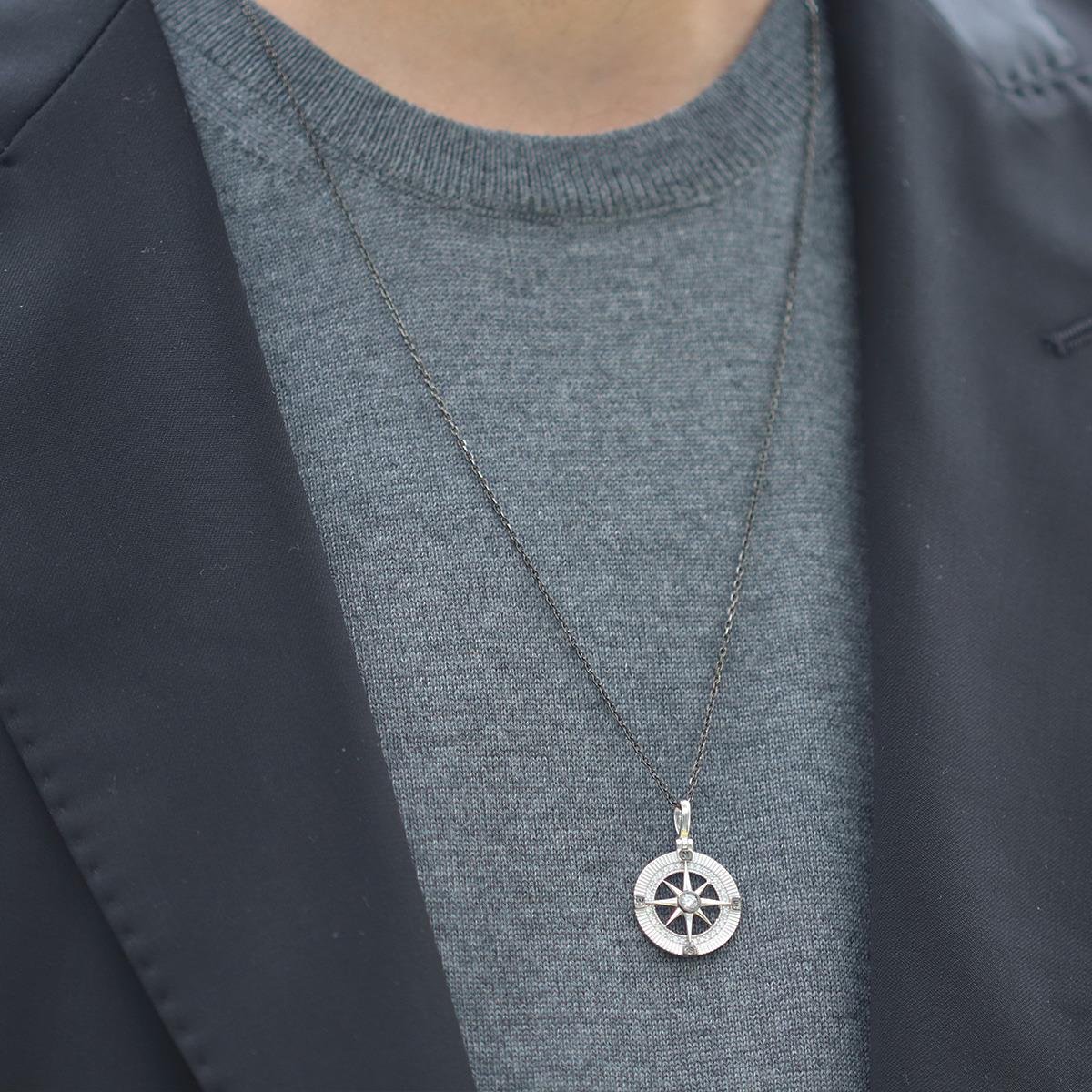 Pusula Gümüş Siyah Rodyum Gümüş Erkek Kolye