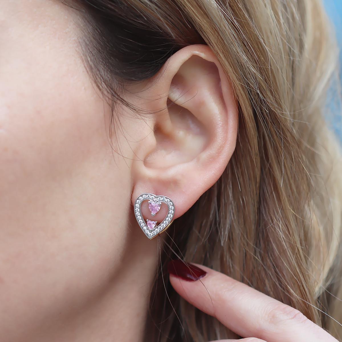 Queen Beyaz Kalp Çift Taraflı Gümüş Küpe