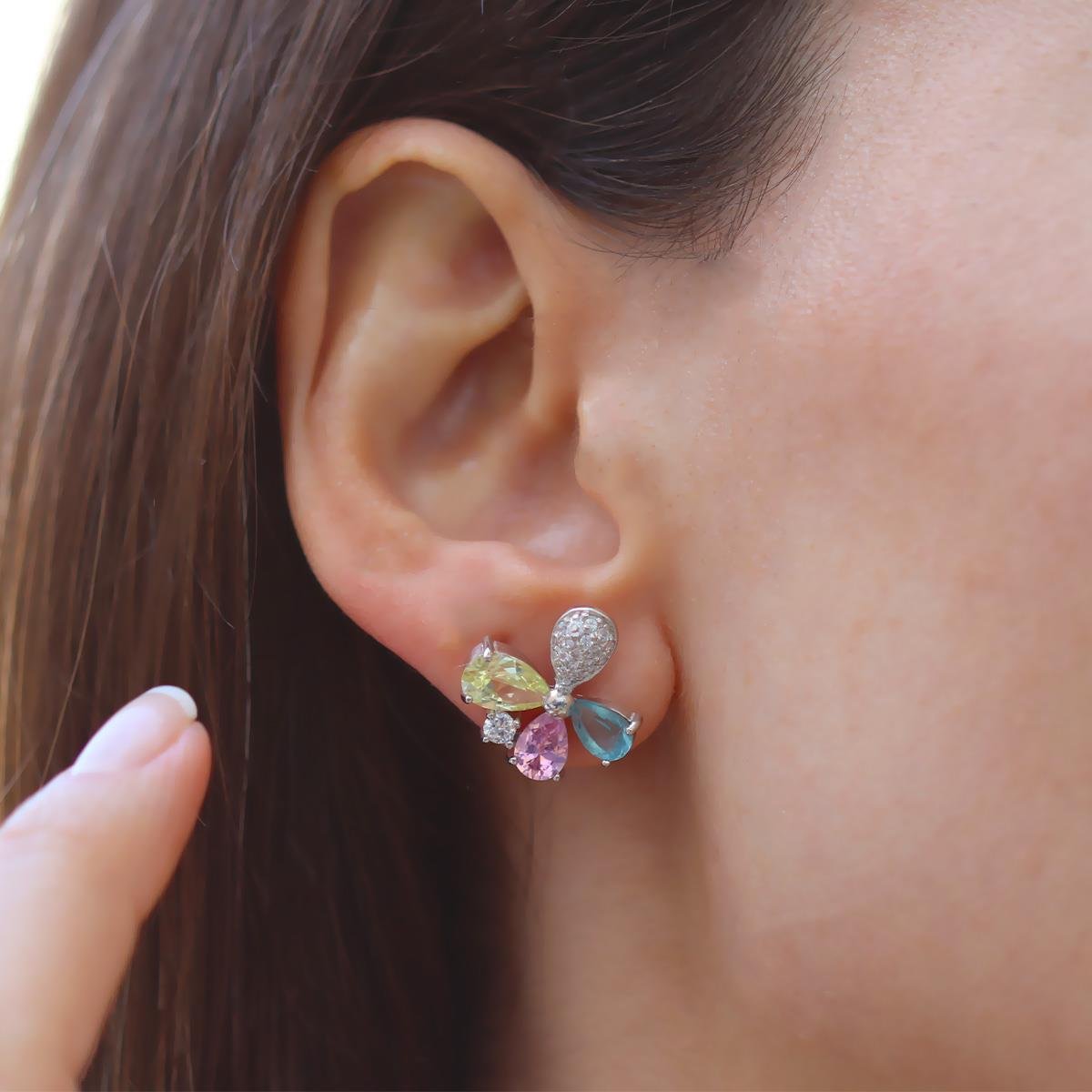 Renkli Kelebek Zirkon Taşlı Gümüş Küpe