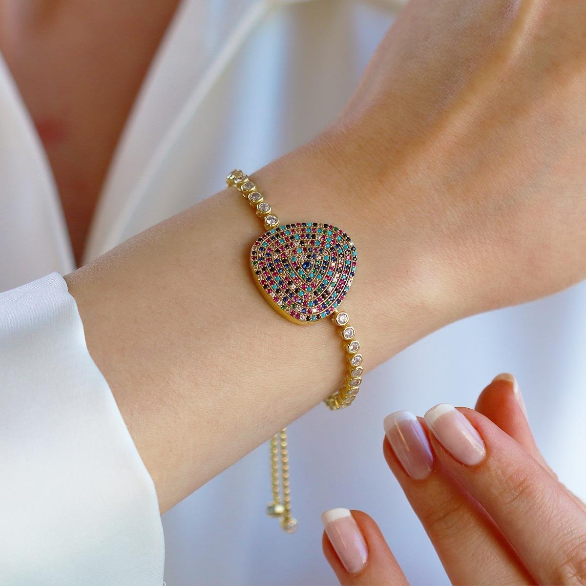 Renkli Taşlı Asansör Gold Gümüş Bileklik