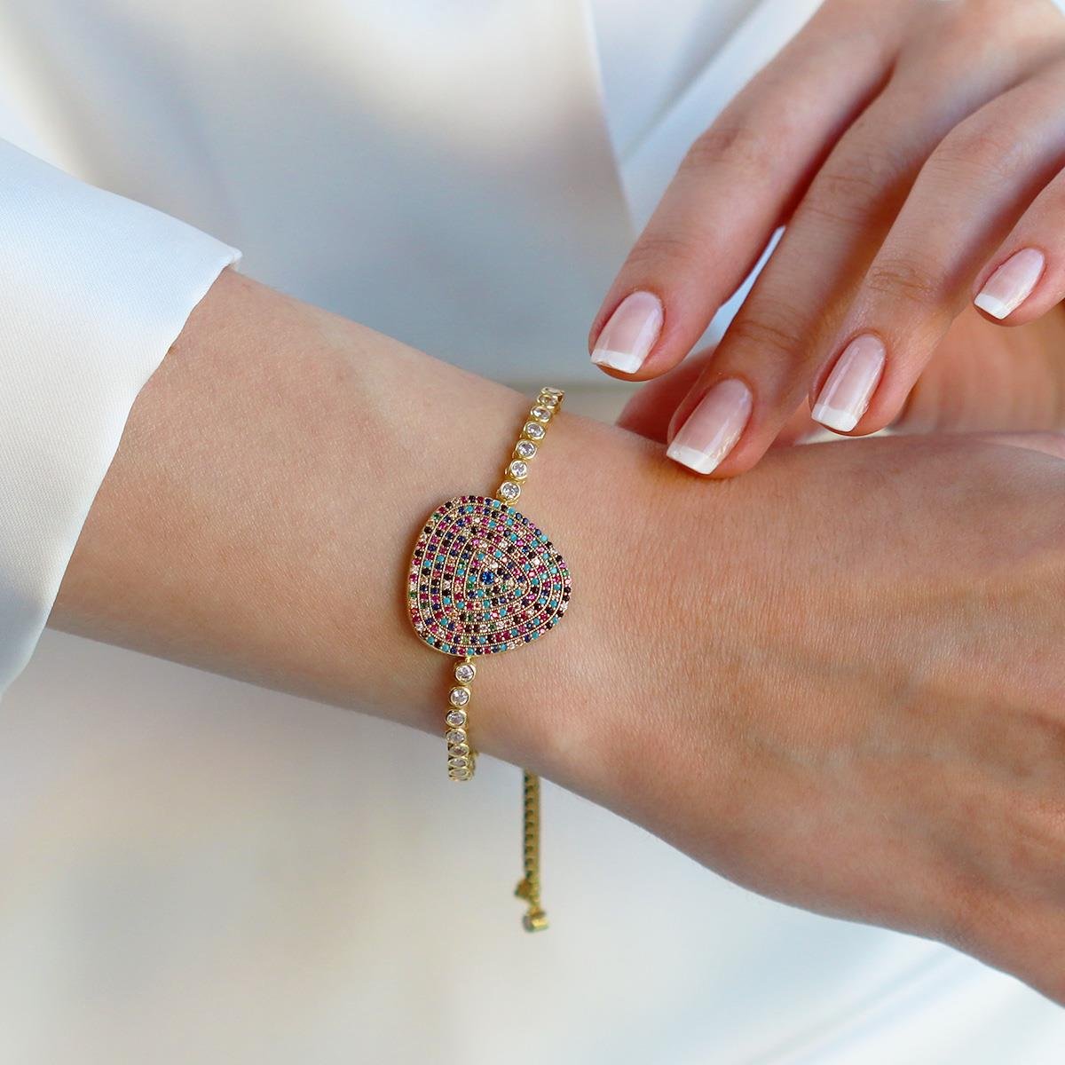 Renkli Taşlı Asansör Gold Gümüş Bileklik