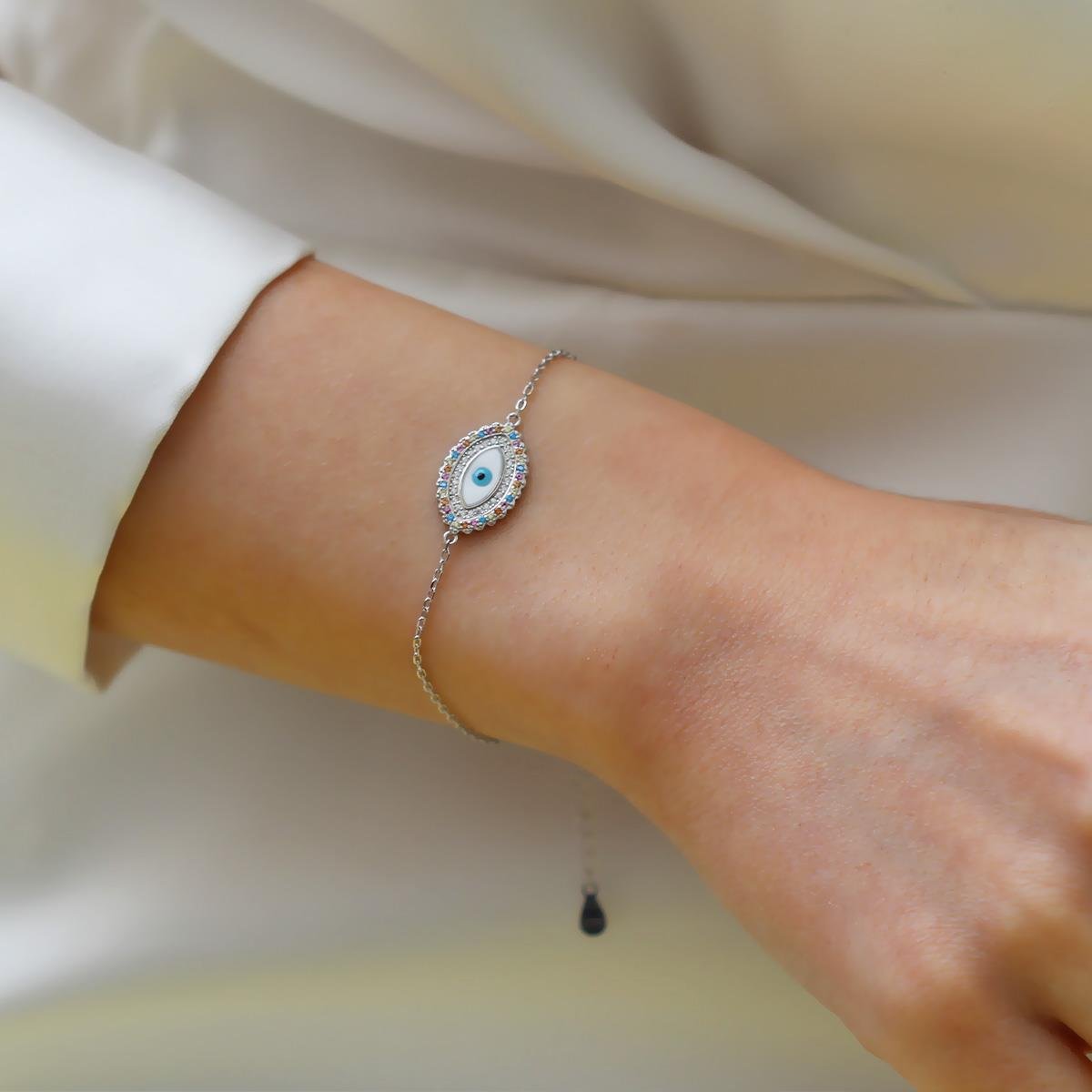 Renkli Taşlı Göz Modeli Gümüş Bileklik