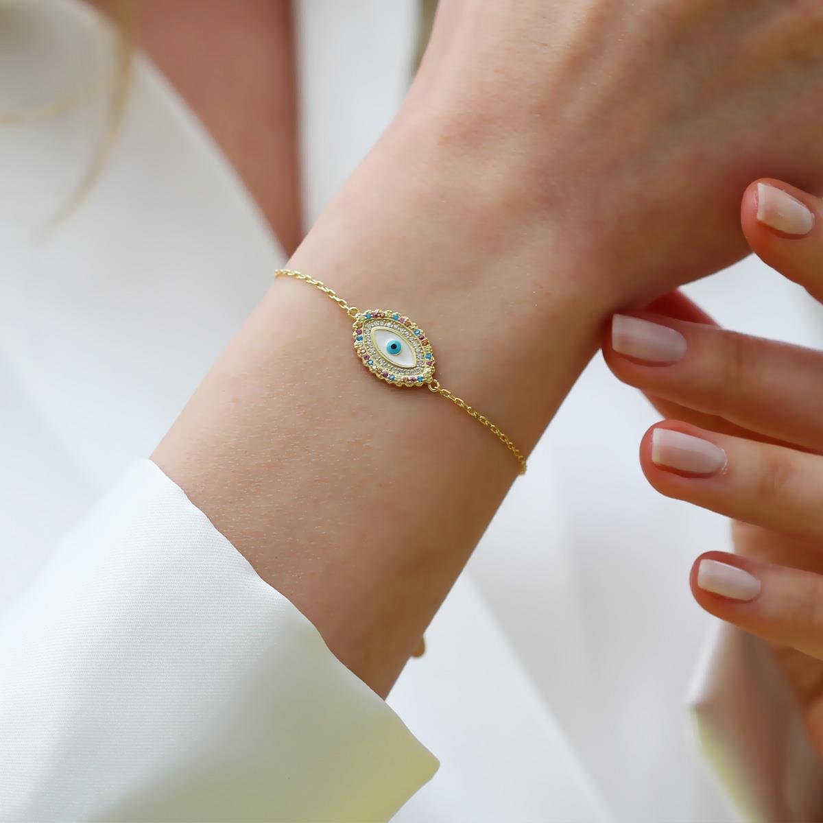 Renkli Taşlı Göz Modeli Gümüş Bileklik