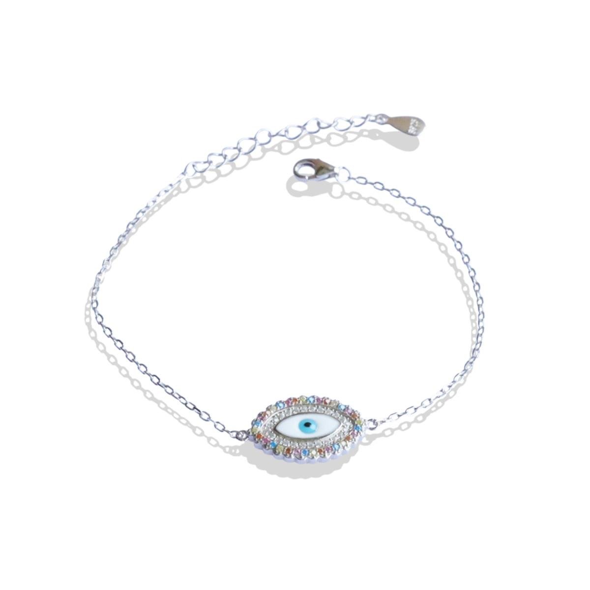 Renkli Taşlı Göz Modeli Gümüş Bileklik