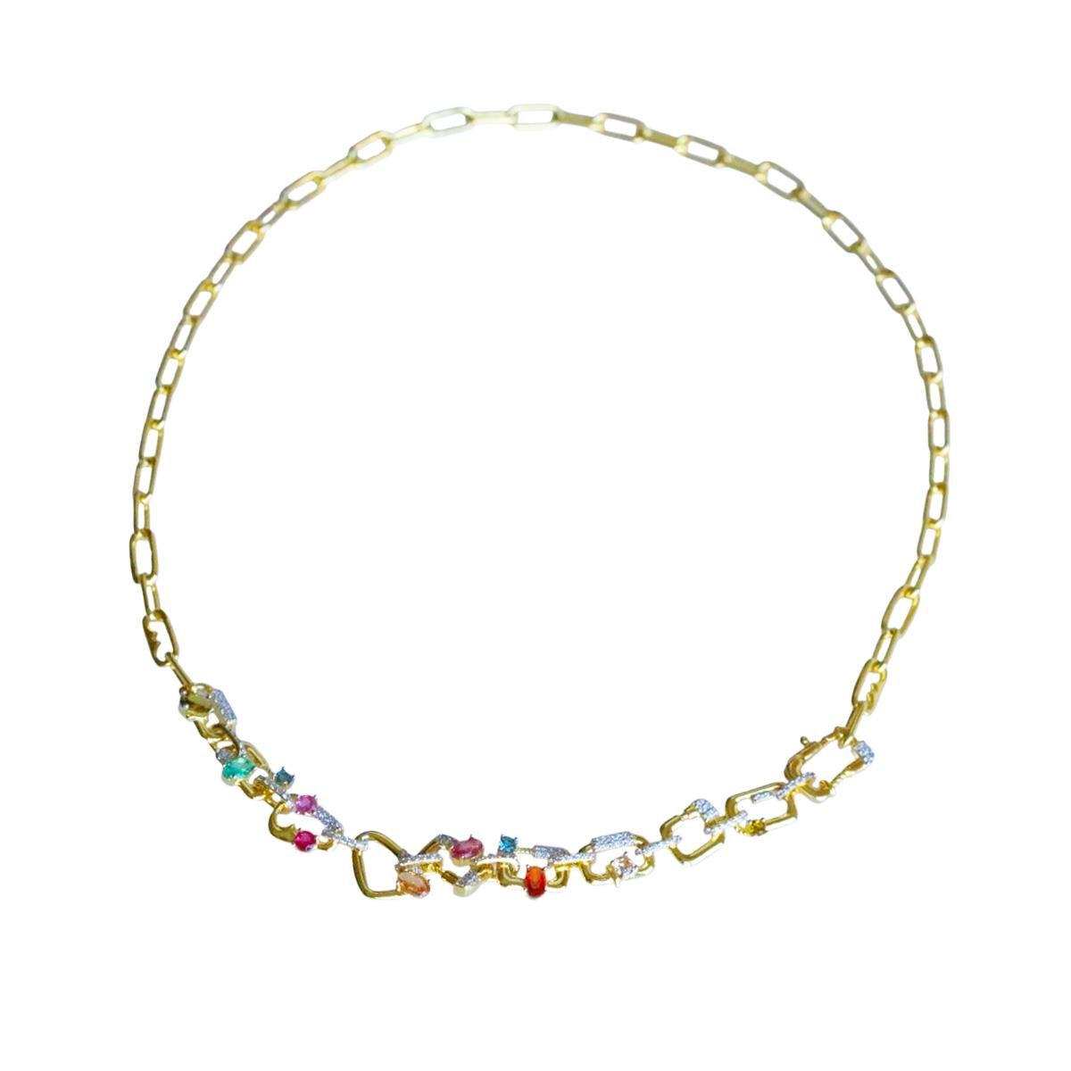 Renkli Taşlı Trend Zincir Gold Gümüş Kolye