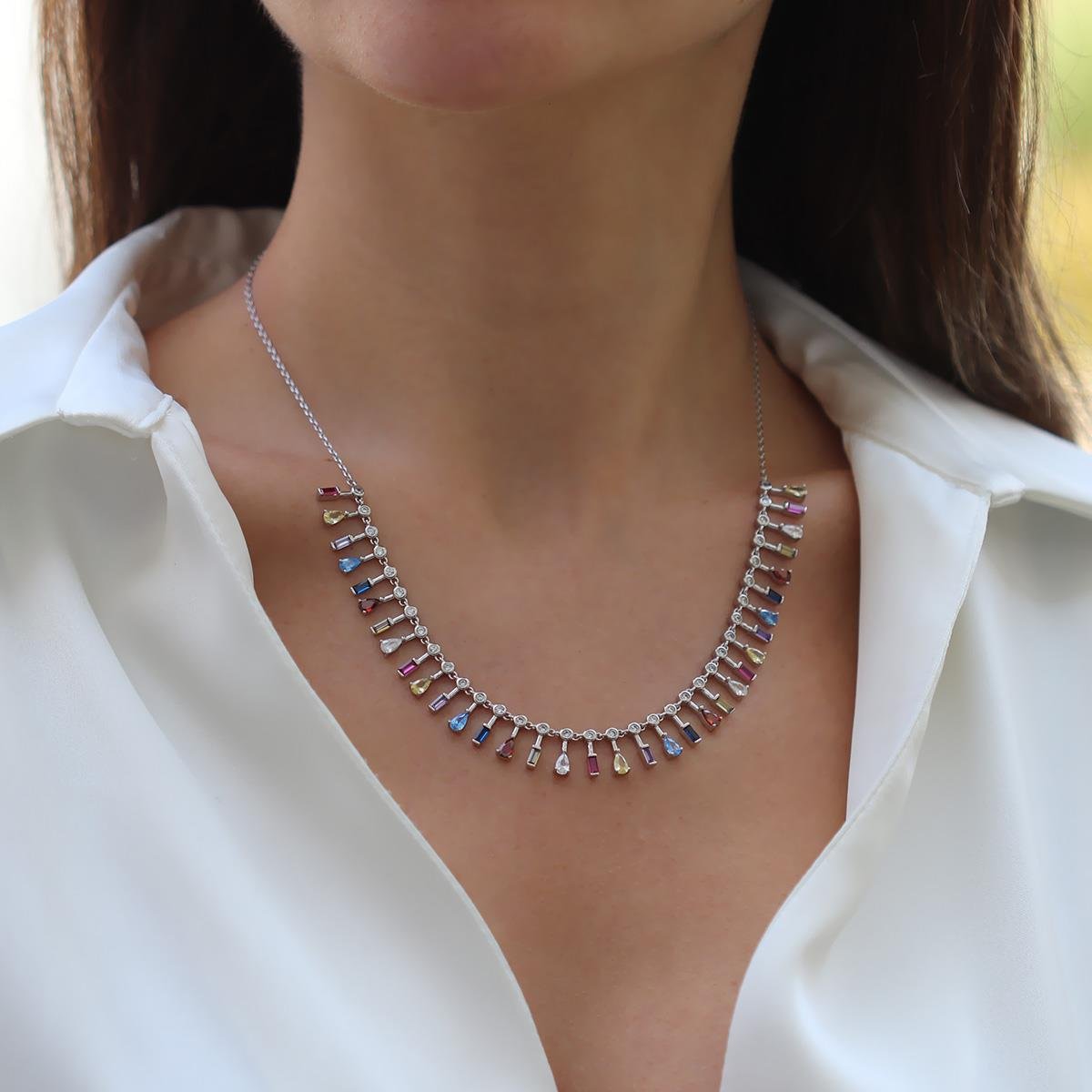 Renkli Trend Taşlı Gümüş Kolye