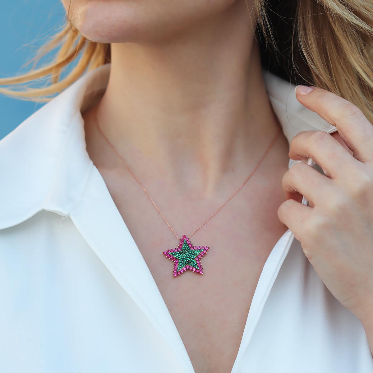 Renkli Zirkon Taşlı Alice Star Rose Gold Kaplama Gümüş Kolye