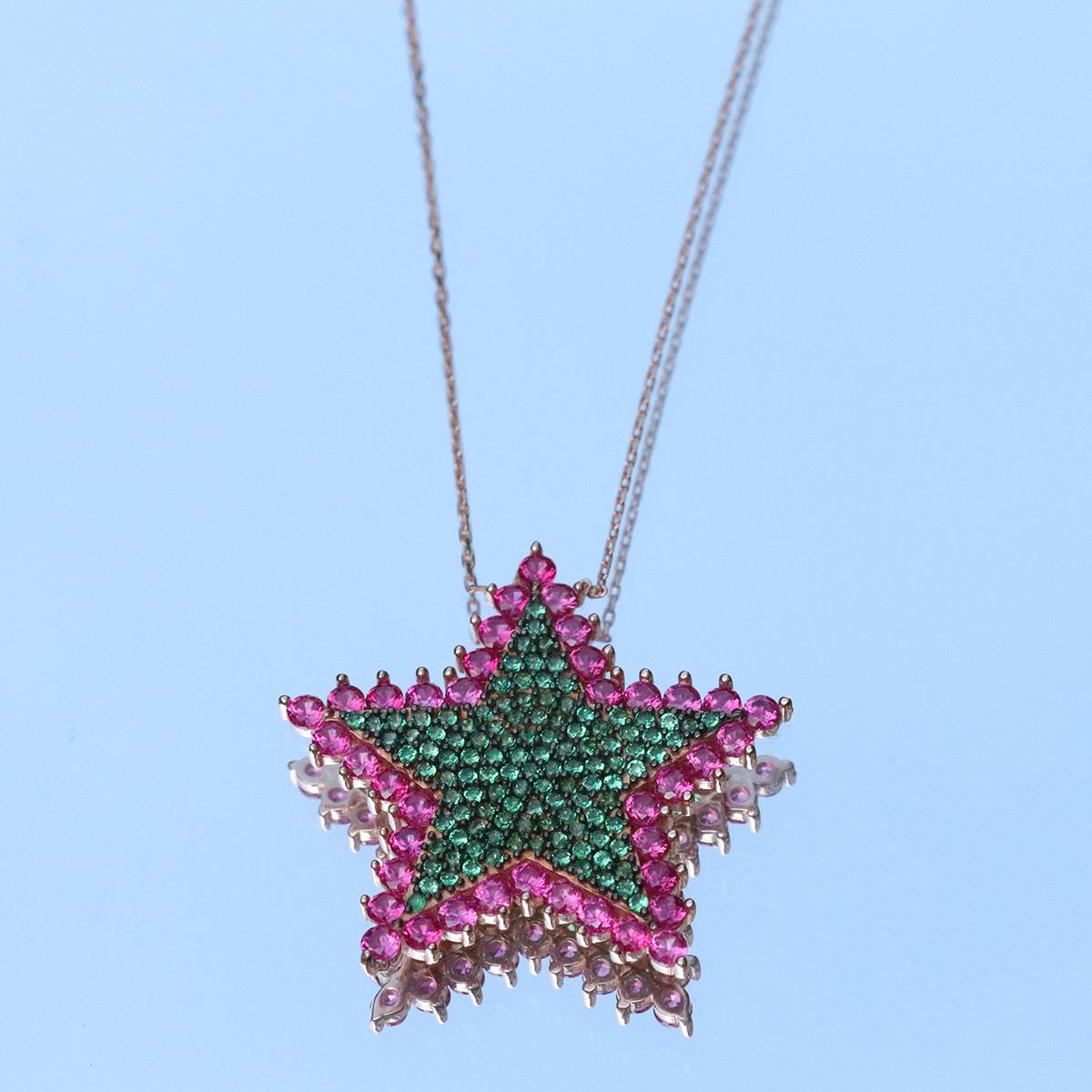 Renkli Zirkon Taşlı Alice Star Rose Gold Kaplama Gümüş Kolye