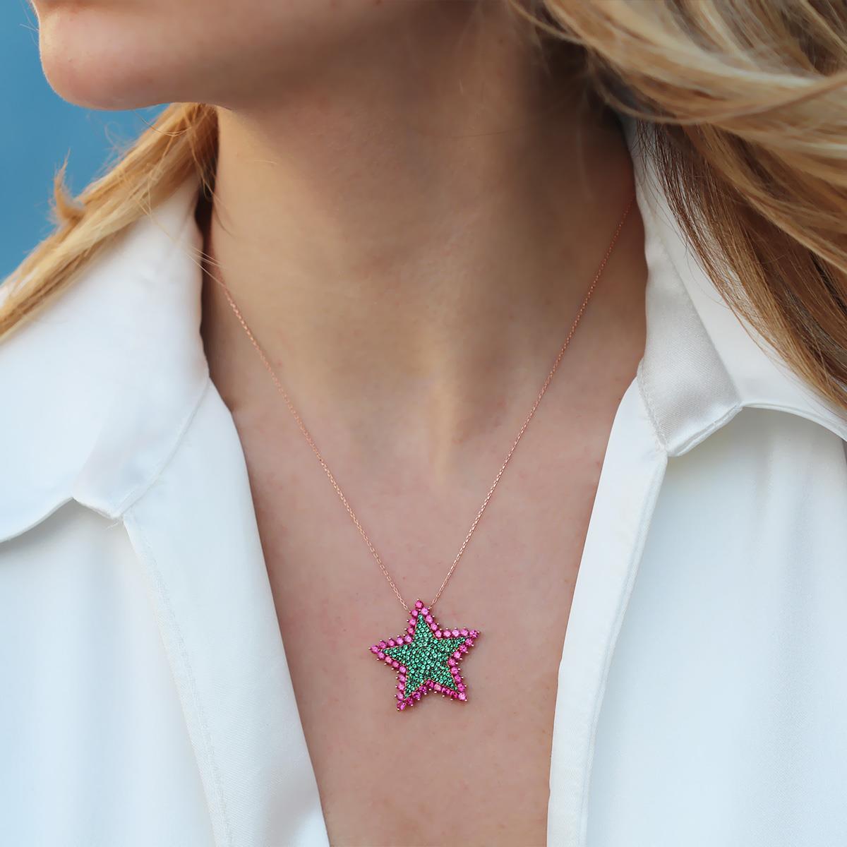 Renkli Zirkon Taşlı Alice Star Rose Gold Kaplama Gümüş Kolye