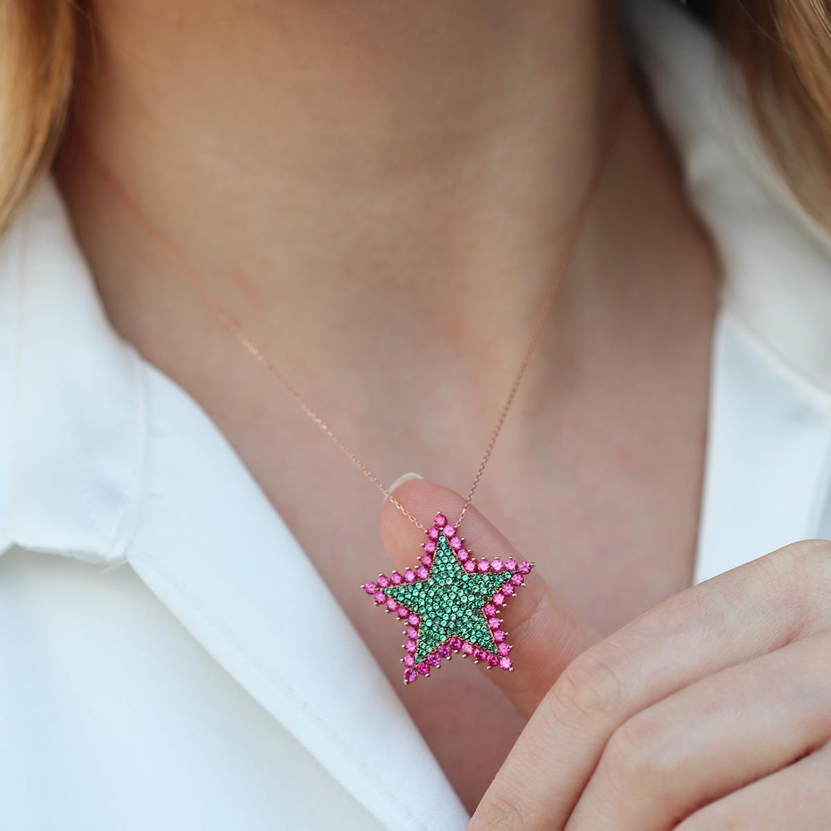Renkli Zirkon Taşlı Alice Star Rose Gold Kaplama Gümüş Kolye