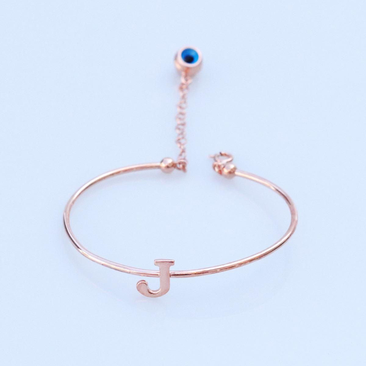 Rose Gold Kaplama Nazar Boncuklu J Harfi Gümüş Bileklik