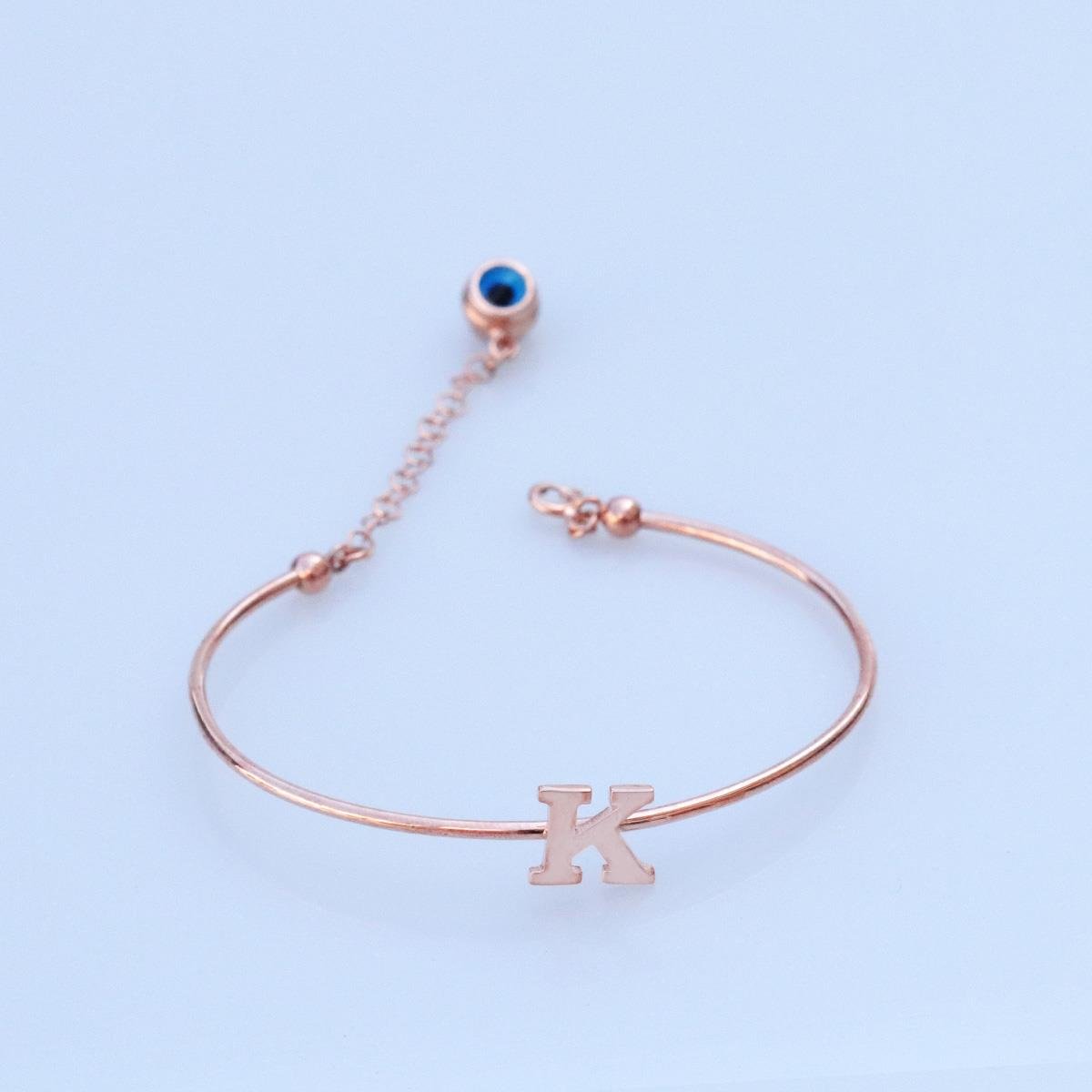 Rose Gold Kaplama Nazar Boncuklu K Harfi Gümüş Bileklik