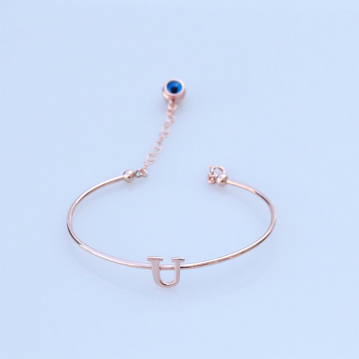 Rose Gold Kaplama Nazar Boncuklu U Harfi Gümüş Bileklik