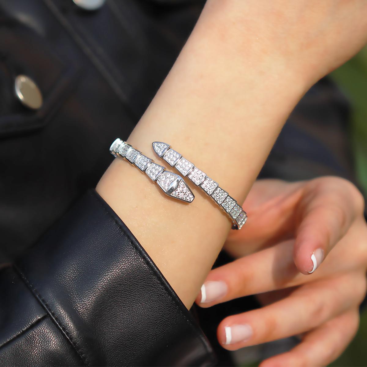 Serpent Full Zirkon Taşlı Gümüş Kelepçe