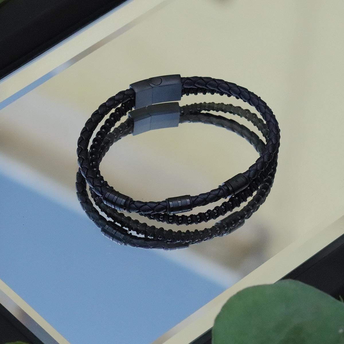 Siyah Deri Örme Çelik Bileklik