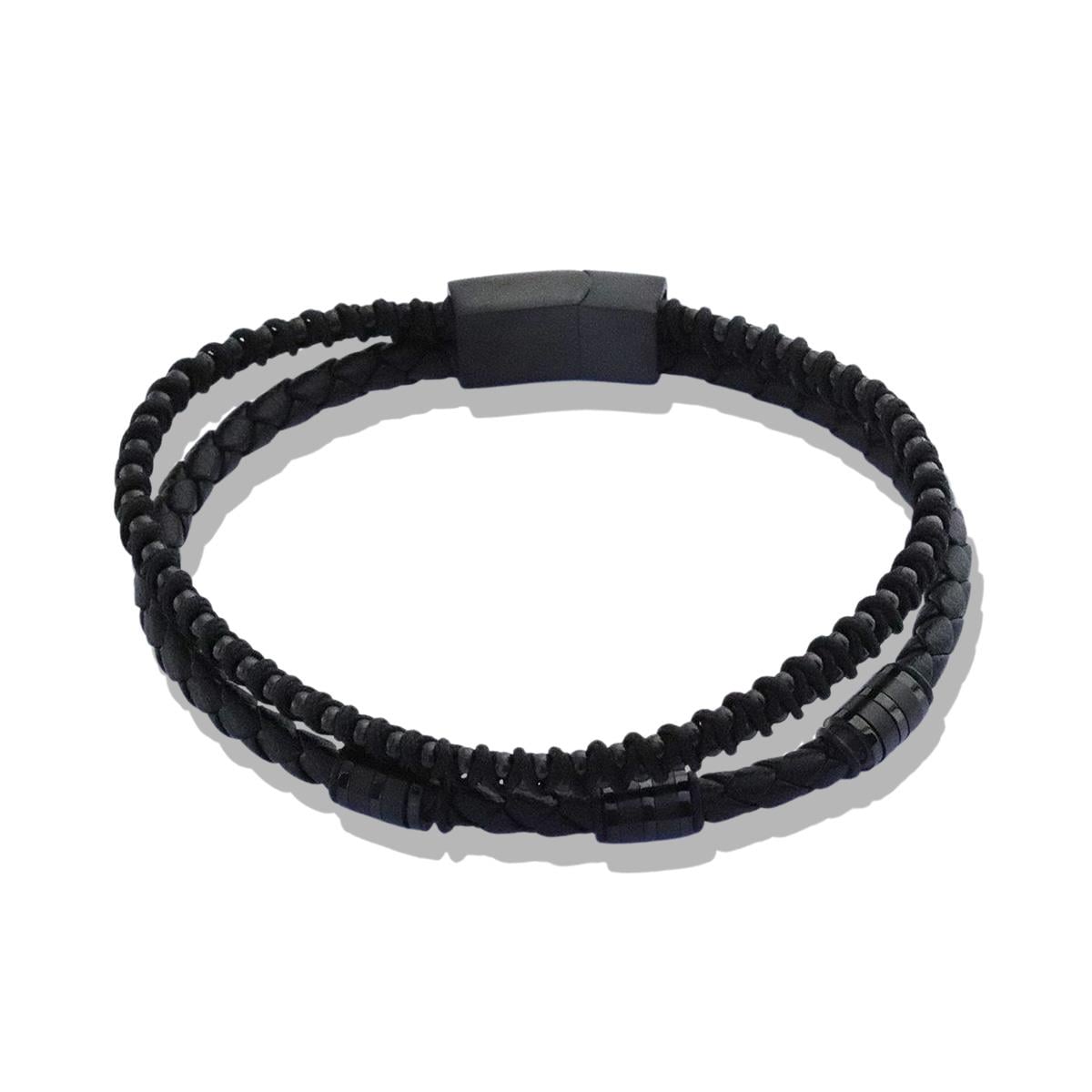 Siyah Deri Örme Çelik Bileklik