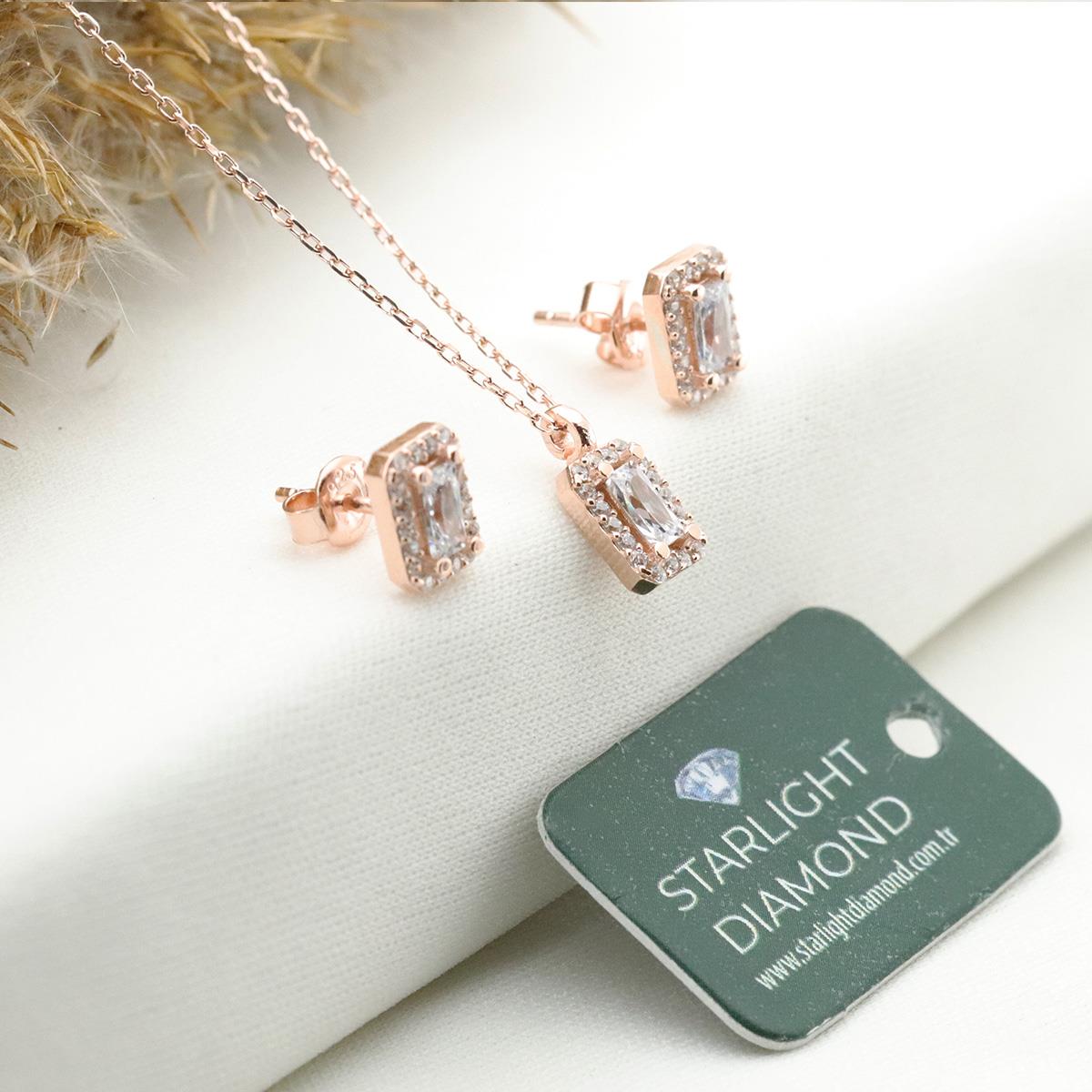 Starlıght Dıamond Baget Mini Pırlanta Montür Rose Gold Kaplama Gümüş Set
