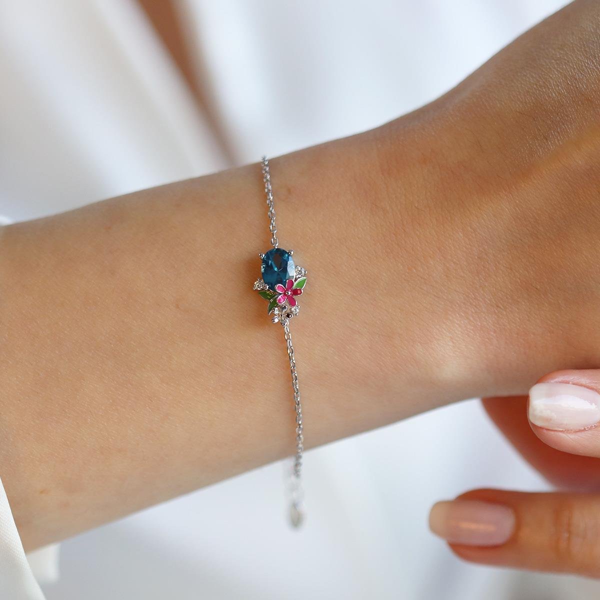 Tanzanit Taşlı Çiçekli Gümüş Bileklik