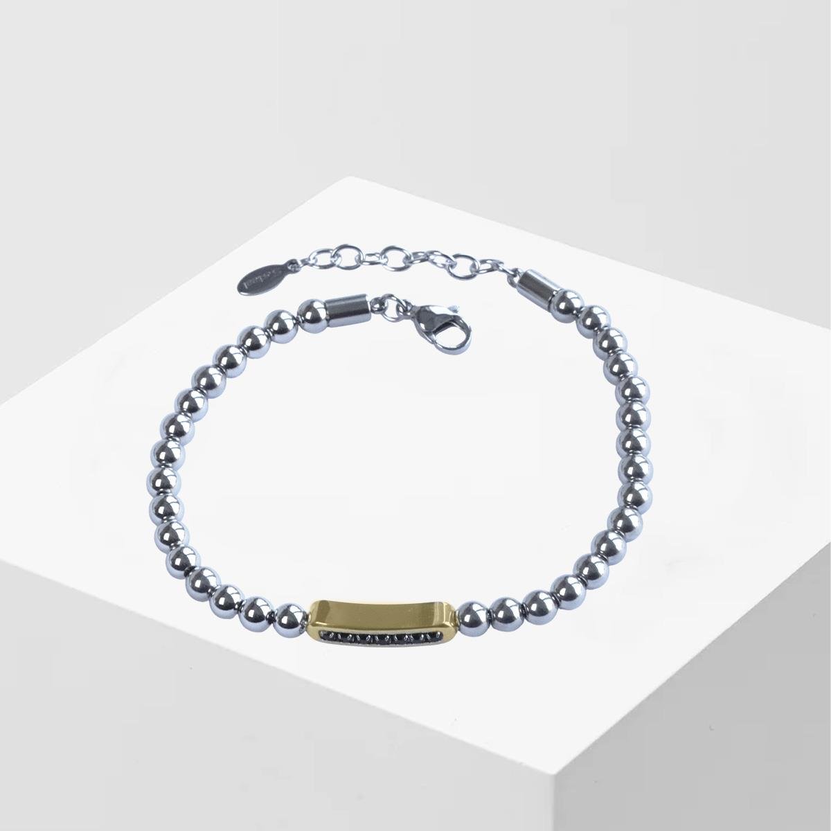 Taşlı Plakalı Gold Silver Erkek Çelik Bileklik