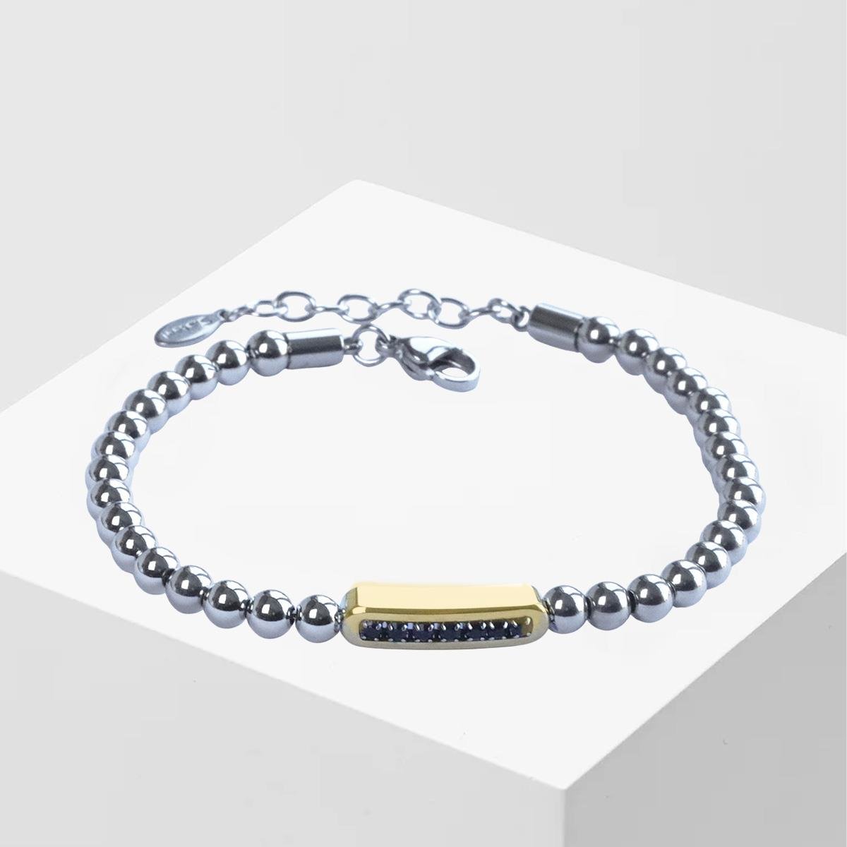 Taşlı Plakalı Gold Silver Erkek Çelik Bileklik