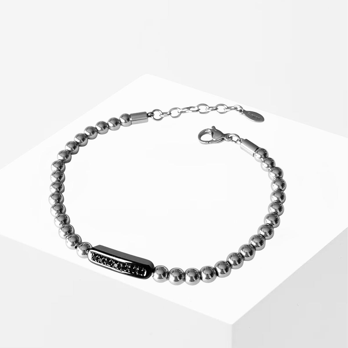 Taşlı Plakalı Siyah Silver Erkek Çelik Bileklik