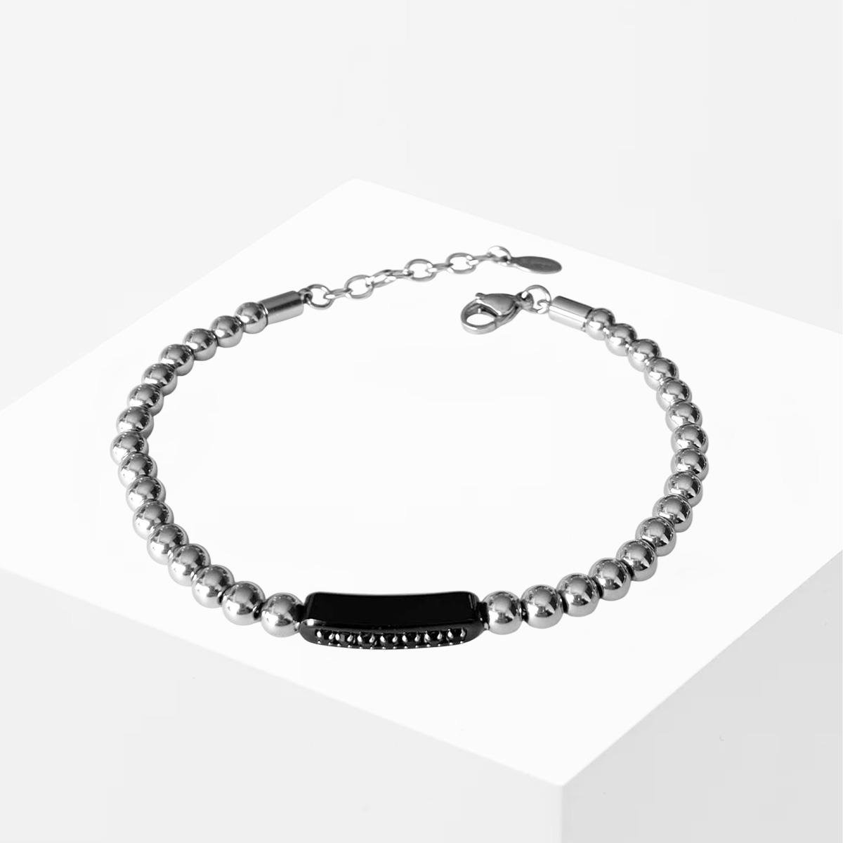 Taşlı Plakalı Siyah Silver Erkek Çelik Bileklik